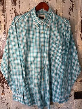 Men’s Wrangler Teal and White Plaid Button-Down Shirt